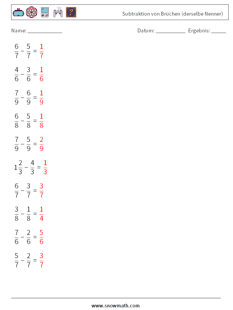 (10) Subtraktion von Brüchen (derselbe Nenner) Mathe-Arbeitsblätter 18 Frage, Antwort