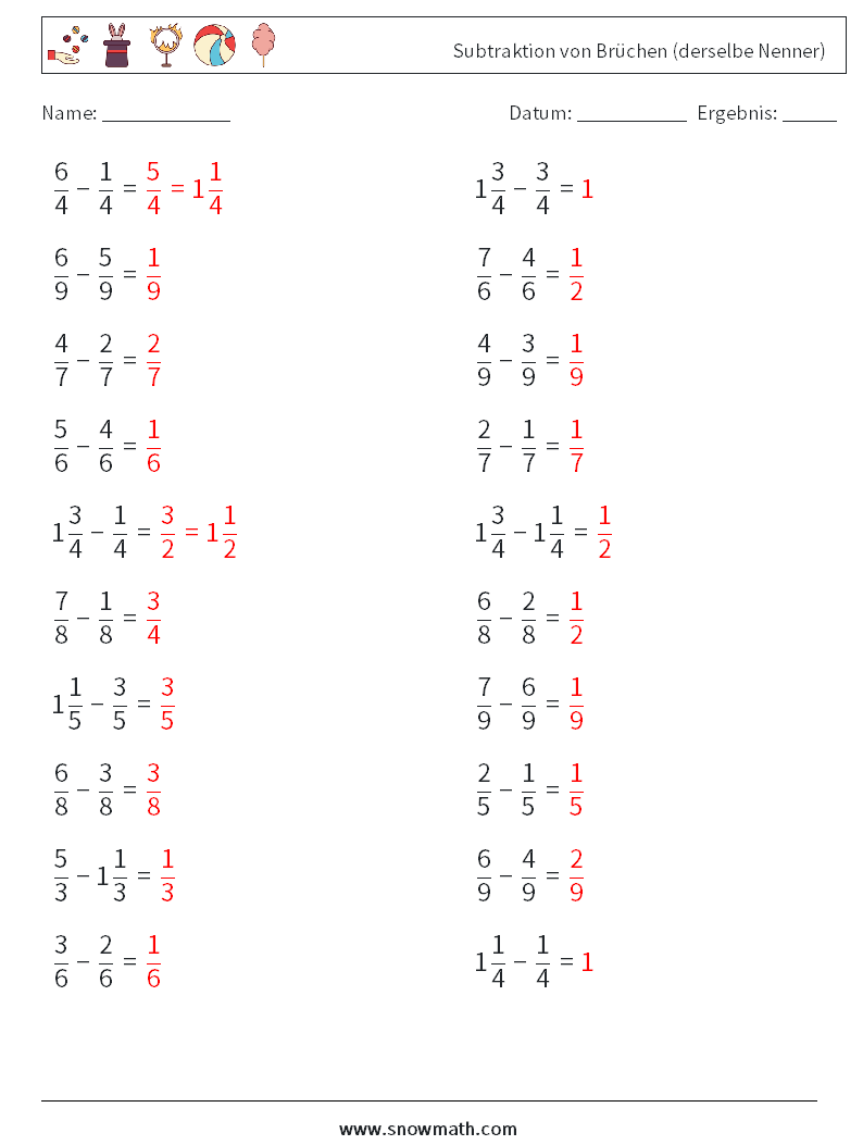 (20) subtraktion von brüchen (derselbe nenner) Mathe-Arbeitsblätter ...