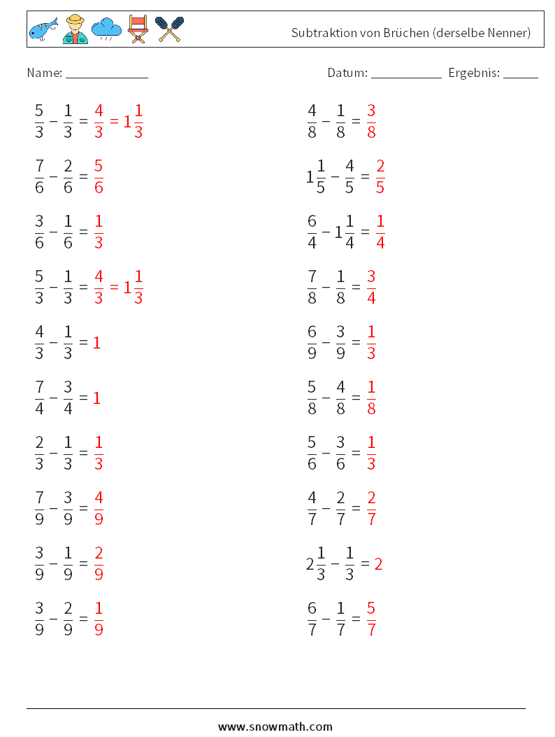 (20) Subtraktion von Brüchen (derselbe Nenner) Mathe-Arbeitsblätter 10 Frage, Antwort