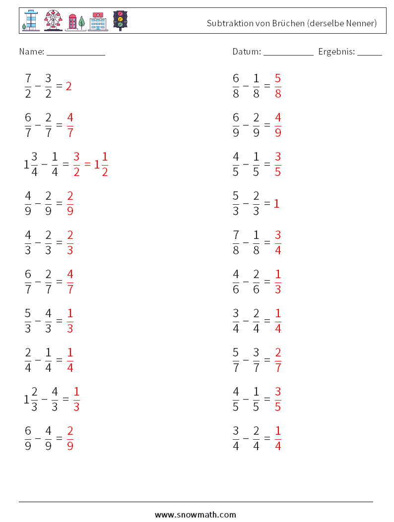 (20) Subtraktion von Brüchen (derselbe Nenner) Mathe-Arbeitsblätter 15 Frage, Antwort