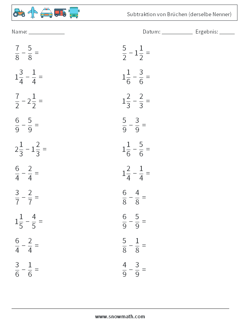 (20) Subtraktion von Brüchen (derselbe Nenner) Mathe-Arbeitsblätter 3