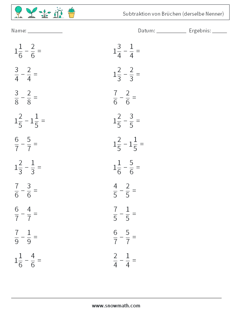 (20) Subtraktion von Brüchen (derselbe Nenner) Mathe-Arbeitsblätter 4
