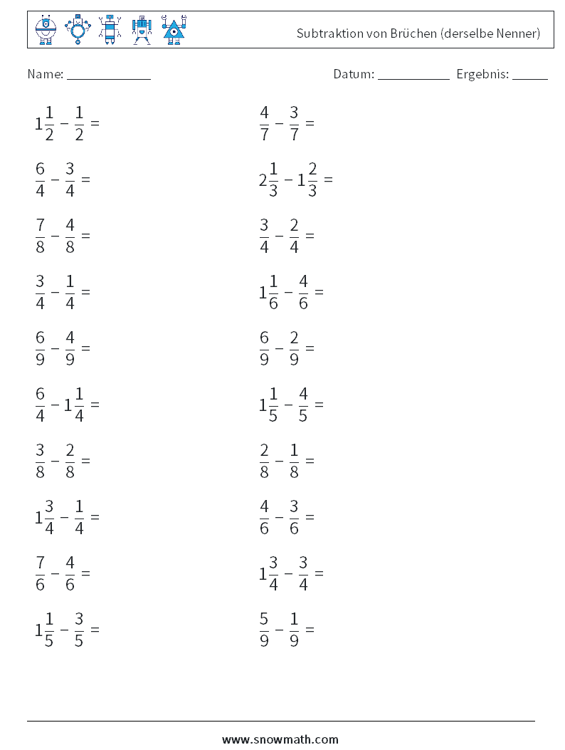 (20) Subtraktion von Brüchen (derselbe Nenner) Mathe-Arbeitsblätter 9