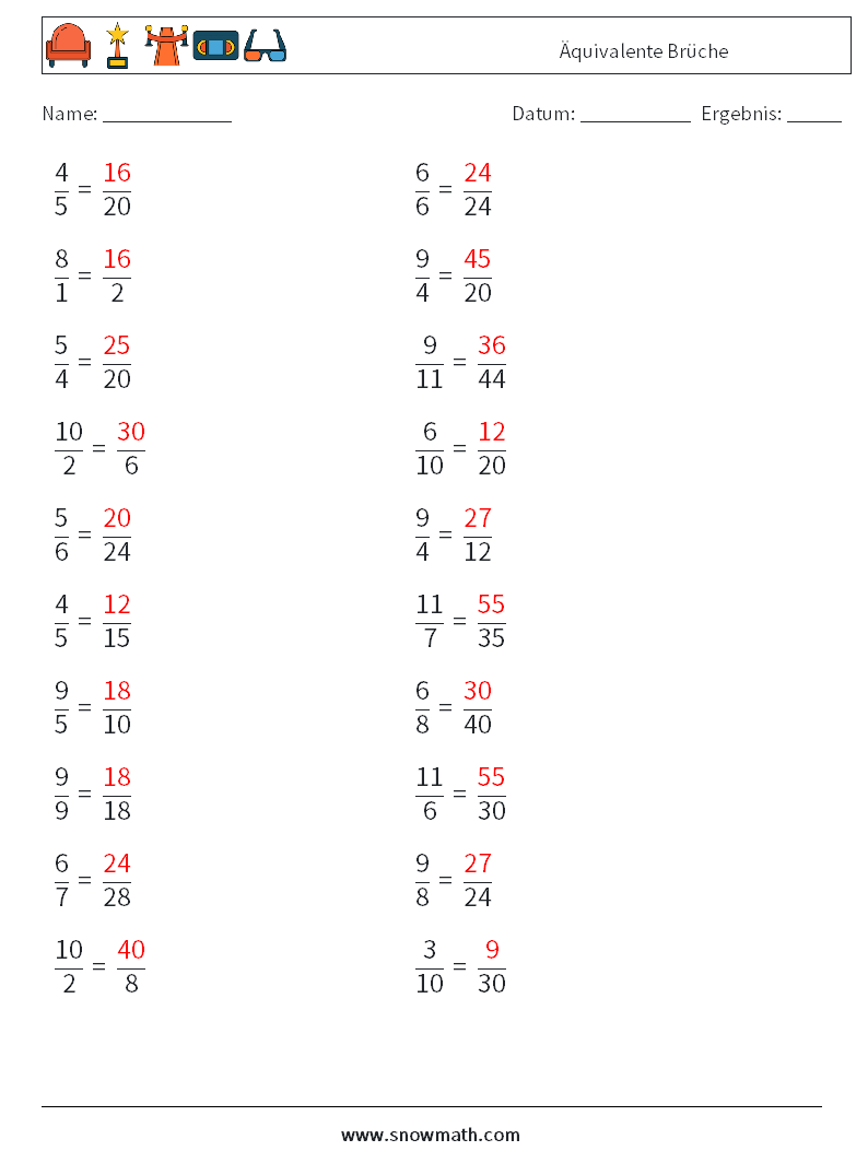(20) Äquivalente Brüche Mathe-Arbeitsblätter 2 Frage, Antwort