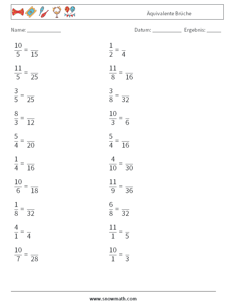 (20) Äquivalente Brüche Mathe-Arbeitsblätter 3
