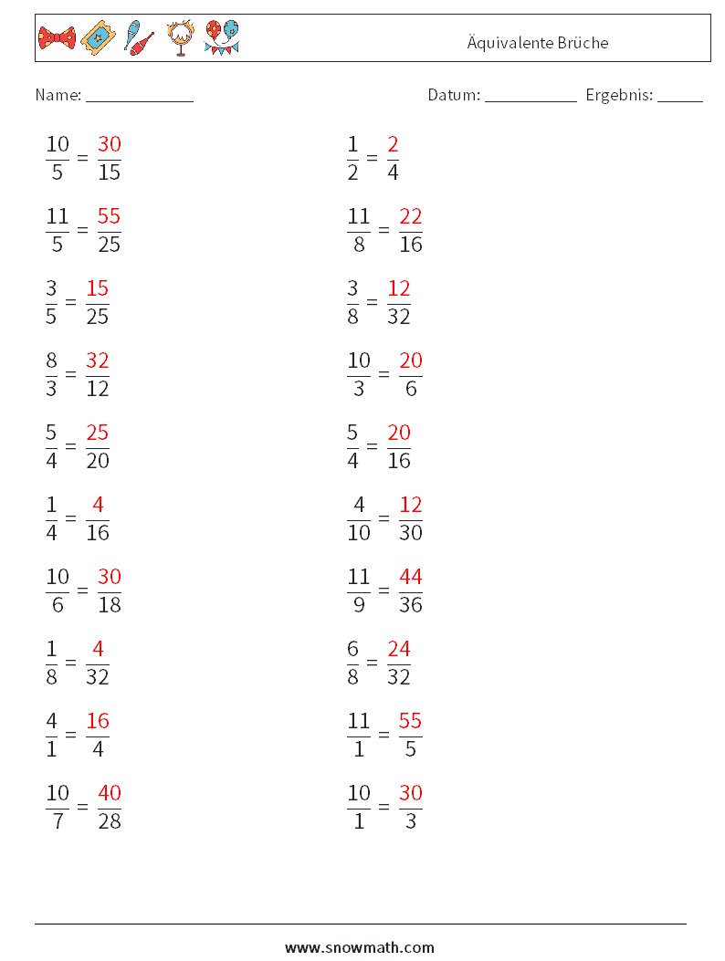 (20) Äquivalente Brüche Mathe-Arbeitsblätter 3 Frage, Antwort