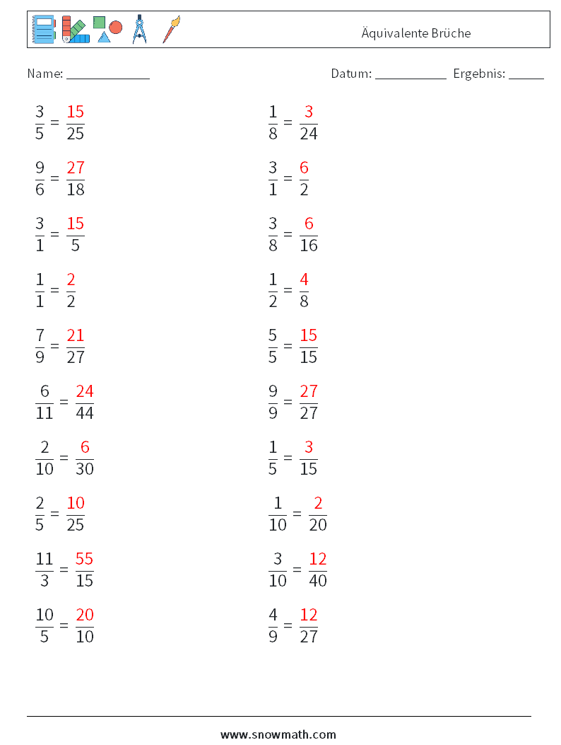 (20) Äquivalente Brüche Mathe-Arbeitsblätter 4 Frage, Antwort