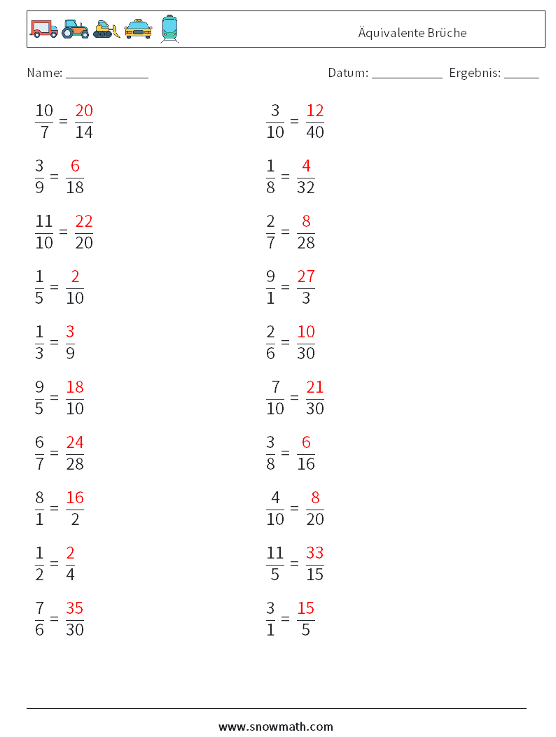 (20) Äquivalente Brüche Mathe-Arbeitsblätter 7 Frage, Antwort