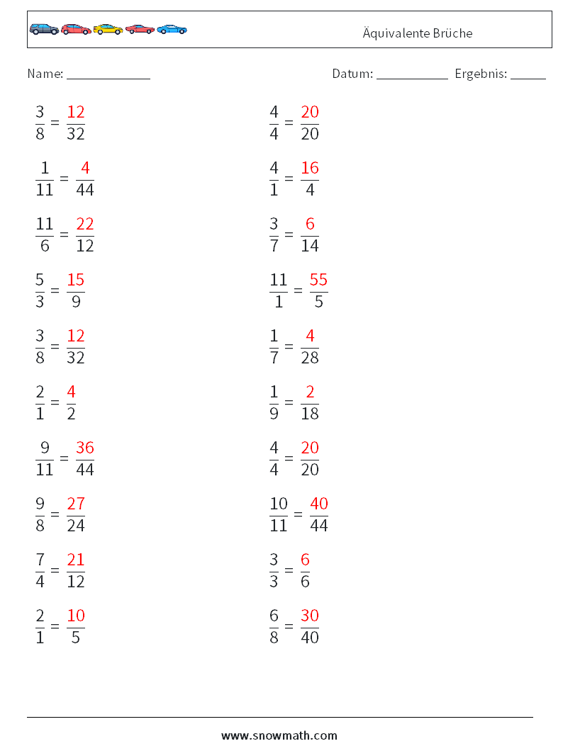 (20) Äquivalente Brüche Mathe-Arbeitsblätter 8 Frage, Antwort