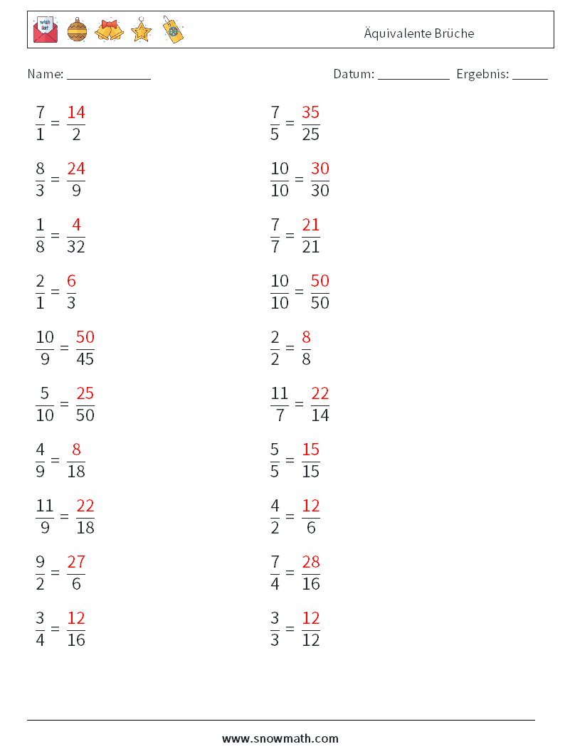 (20) Äquivalente Brüche Mathe-Arbeitsblätter 9 Frage, Antwort