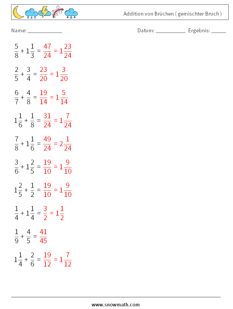 (10) Addition von Brüchen ( gemischter Bruch ) Mathe-Arbeitsblätter 10 Frage, Antwort