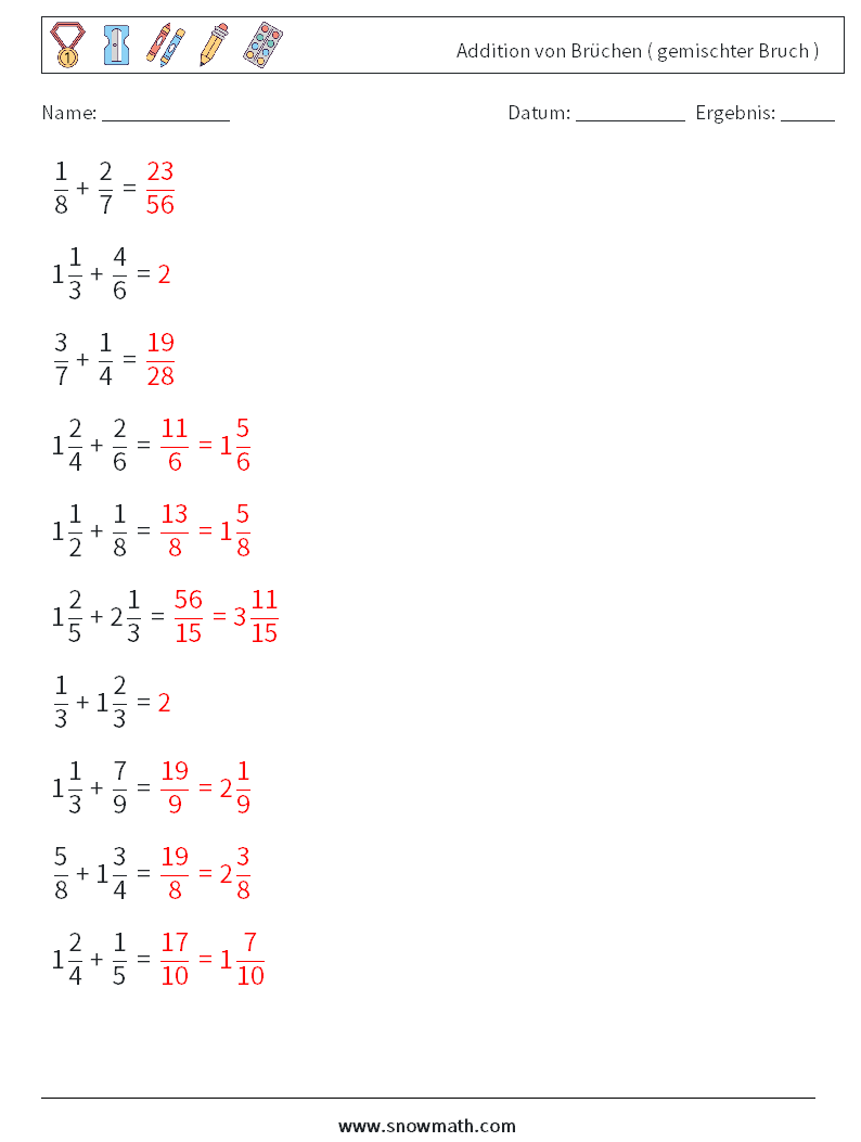 (10) Addition von Brüchen ( gemischter Bruch ) Mathe-Arbeitsblätter 11 Frage, Antwort