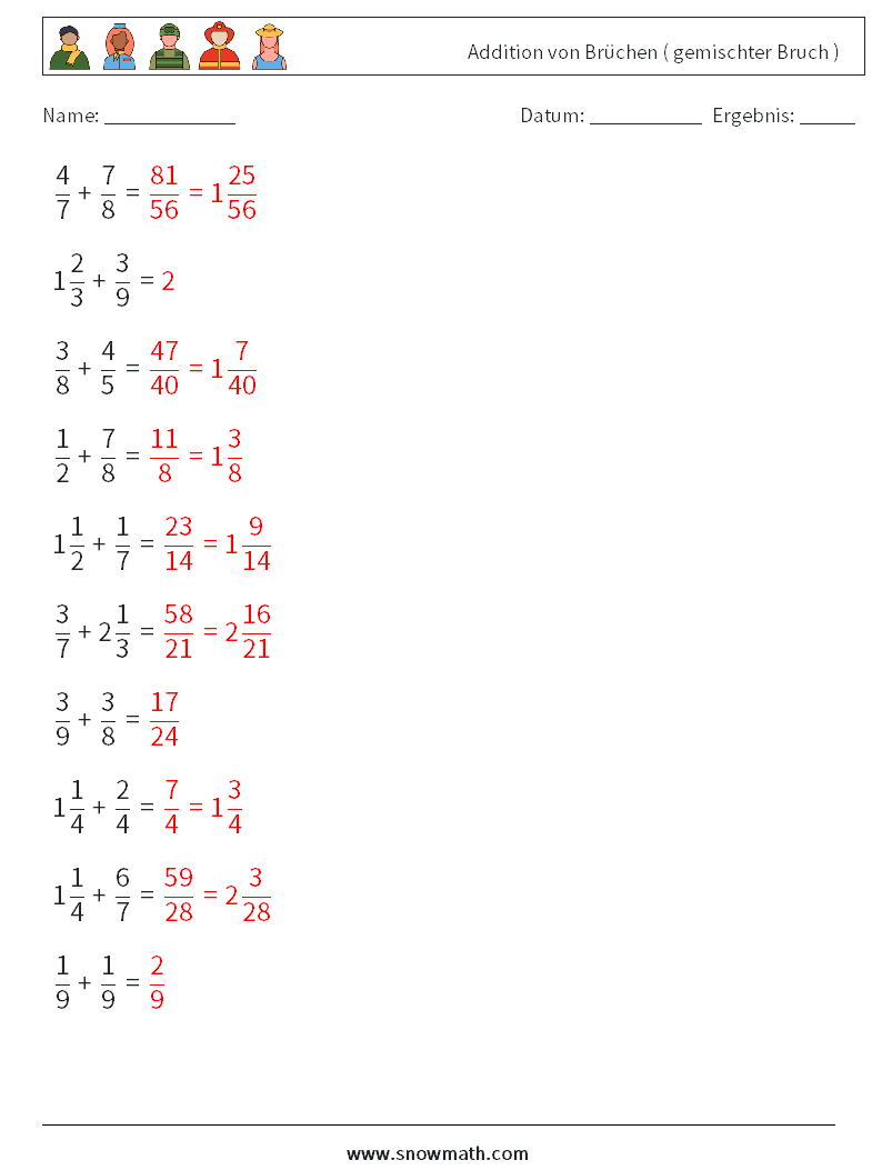 (10) Addition von Brüchen ( gemischter Bruch ) Mathe-Arbeitsblätter 12 Frage, Antwort