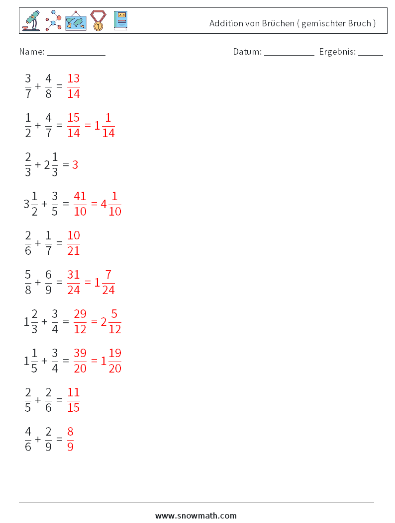 (10) Addition von Brüchen ( gemischter Bruch ) Mathe-Arbeitsblätter 16 Frage, Antwort