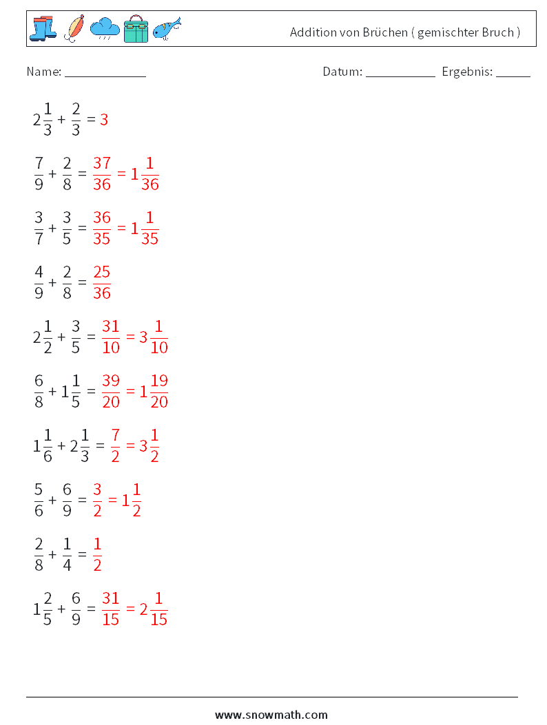 (10) Addition von Brüchen ( gemischter Bruch ) Mathe-Arbeitsblätter 17 Frage, Antwort