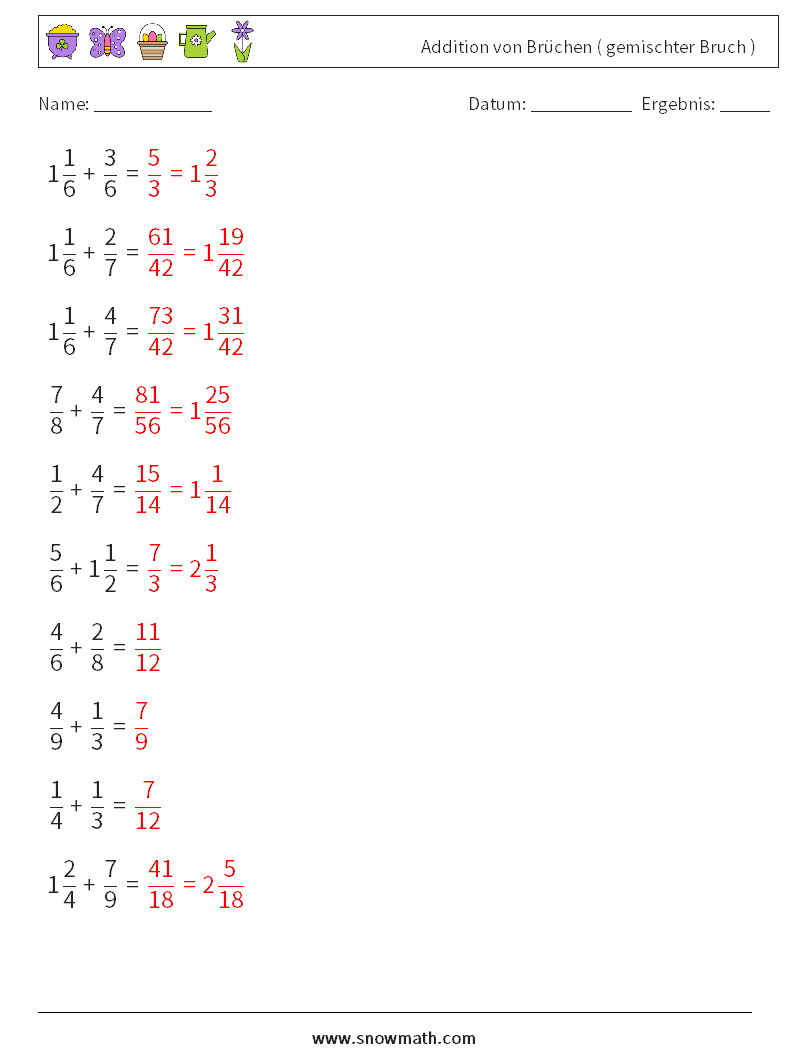 (10) Addition von Brüchen ( gemischter Bruch ) Mathe-Arbeitsblätter 18 Frage, Antwort