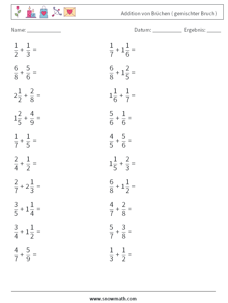 (20) Addition von Brüchen ( gemischter Bruch ) Mathe-Arbeitsblätter 10