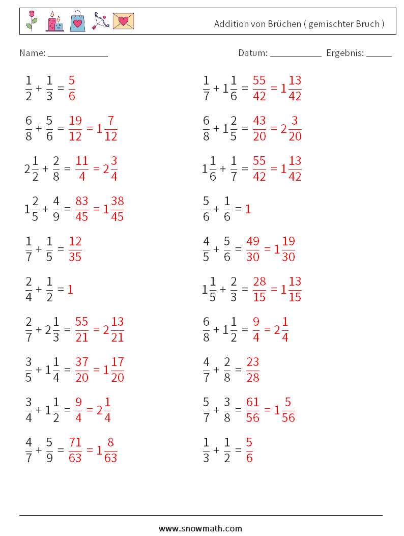 (20) Addition von Brüchen ( gemischter Bruch ) Mathe-Arbeitsblätter 10 Frage, Antwort