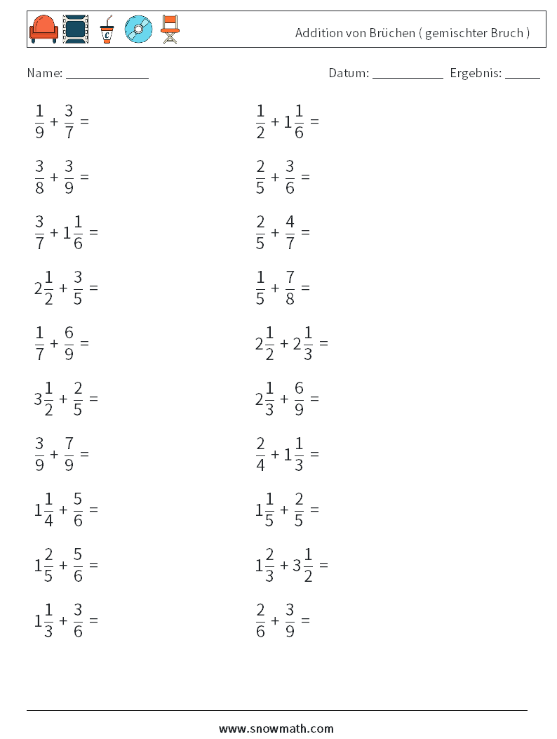 (20) Addition von Brüchen ( gemischter Bruch ) Mathe-Arbeitsblätter 11