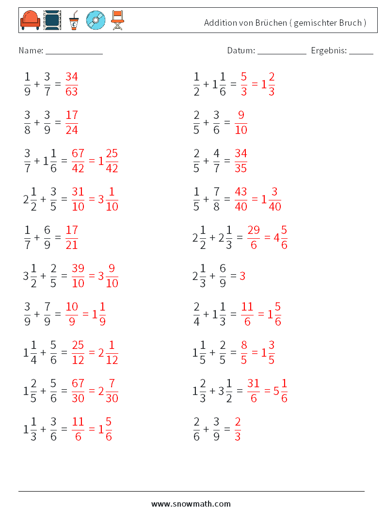 (20) Addition von Brüchen ( gemischter Bruch ) Mathe-Arbeitsblätter 11 Frage, Antwort