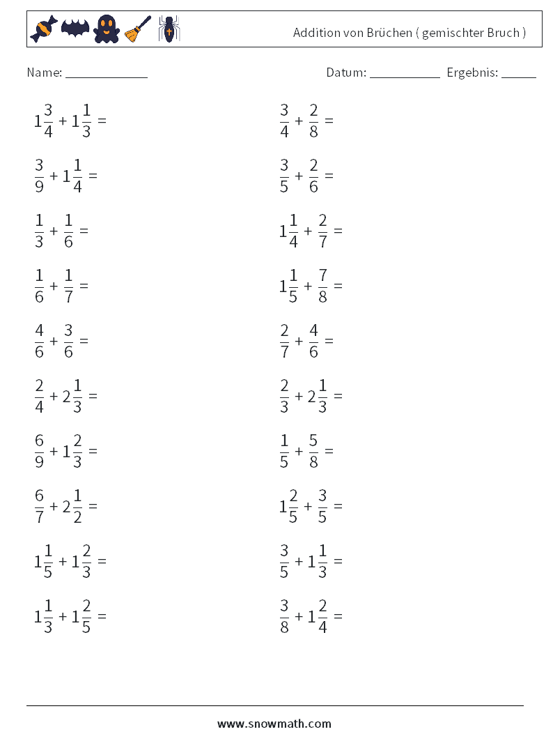 (20) Addition von Brüchen ( gemischter Bruch ) Mathe-Arbeitsblätter 12