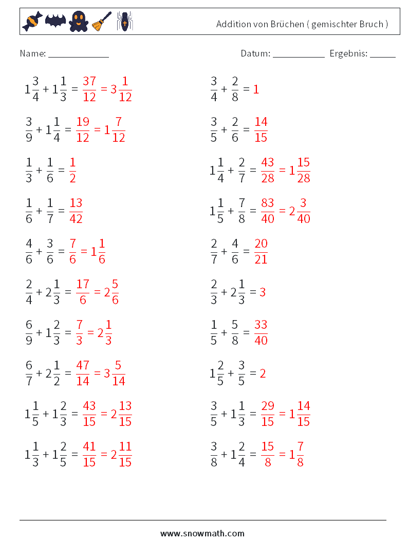 (20) Addition von Brüchen ( gemischter Bruch ) Mathe-Arbeitsblätter 12 Frage, Antwort