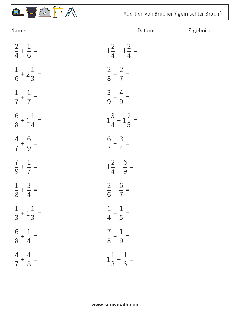(20) Addition von Brüchen ( gemischter Bruch ) Mathe-Arbeitsblätter 13