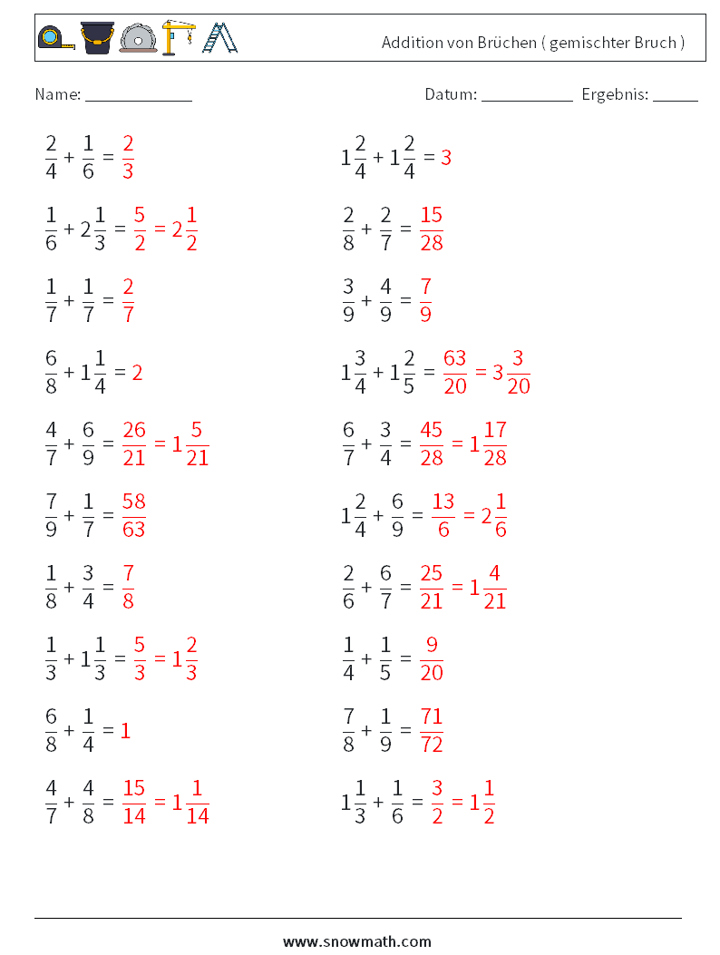 (20) Addition von Brüchen ( gemischter Bruch ) Mathe-Arbeitsblätter 13 Frage, Antwort