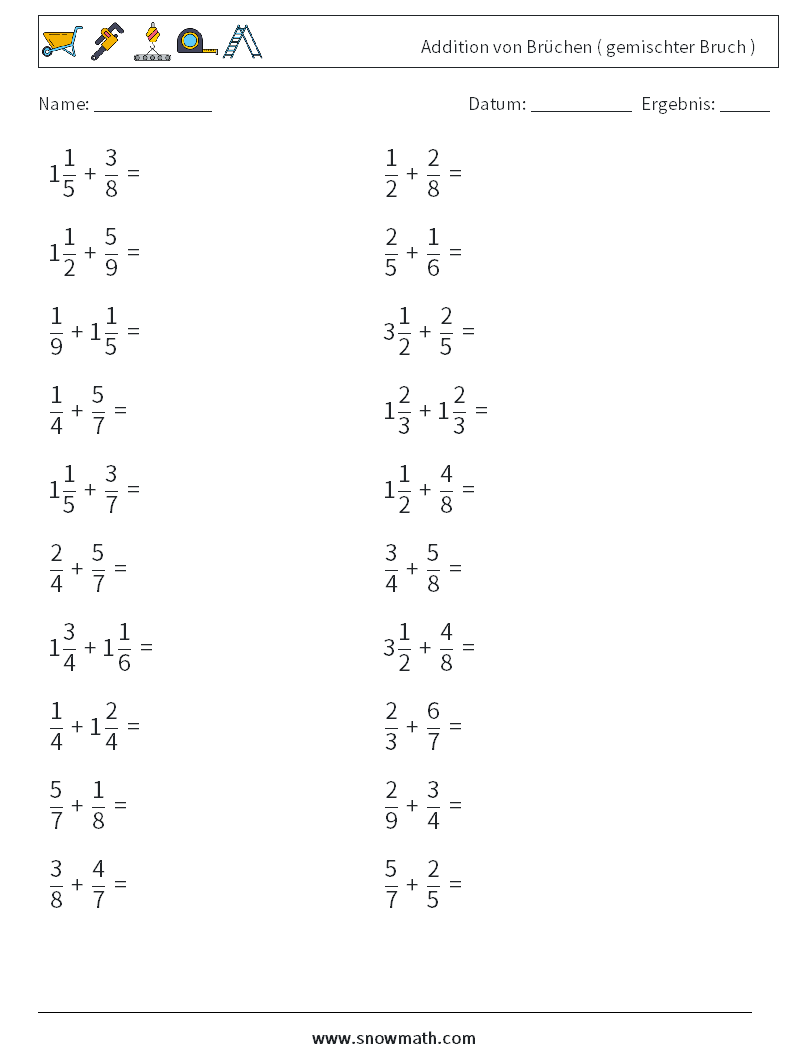 (20) Addition von Brüchen ( gemischter Bruch ) Mathe-Arbeitsblätter 14