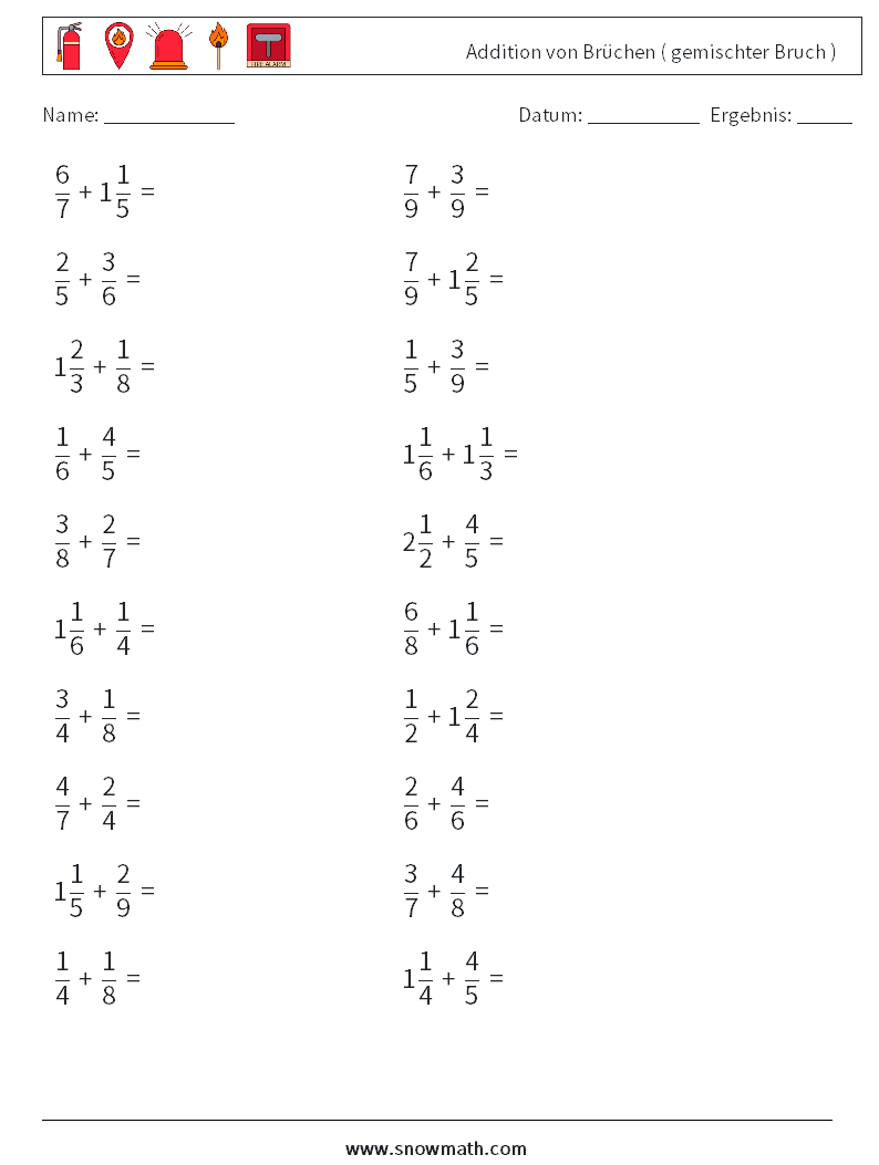 (20) Addition von Brüchen ( gemischter Bruch ) Mathe-Arbeitsblätter 15