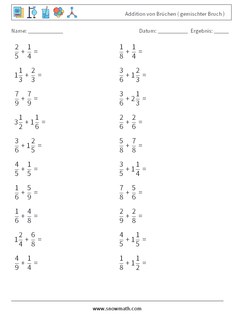 (20) Addition von Brüchen ( gemischter Bruch ) Mathe-Arbeitsblätter 16