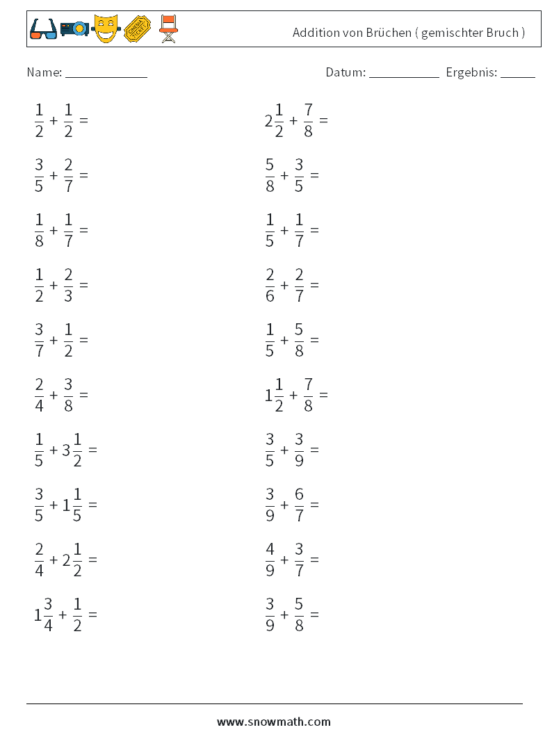 (20) Addition von Brüchen ( gemischter Bruch ) Mathe-Arbeitsblätter 17