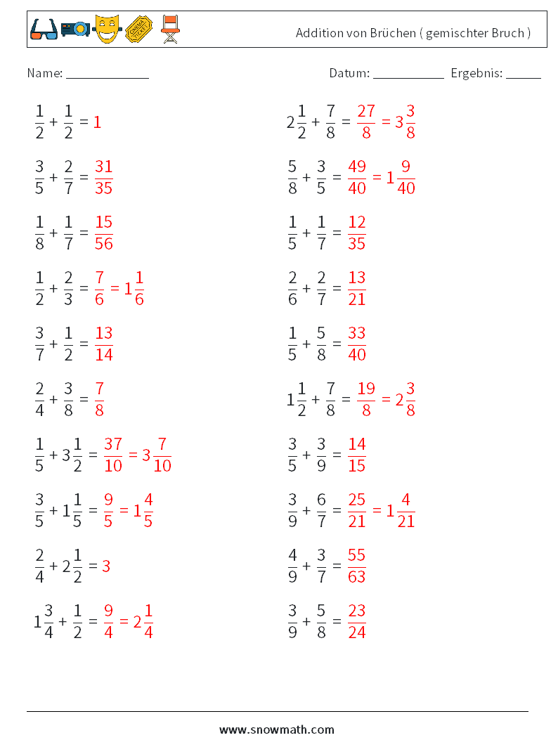 (20) Addition von Brüchen ( gemischter Bruch ) Mathe-Arbeitsblätter 17 Frage, Antwort