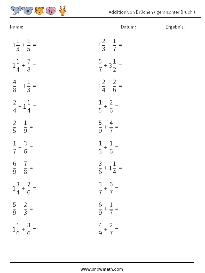 (20) Addition von Brüchen ( gemischter Bruch ) Mathe-Arbeitsblätter 18