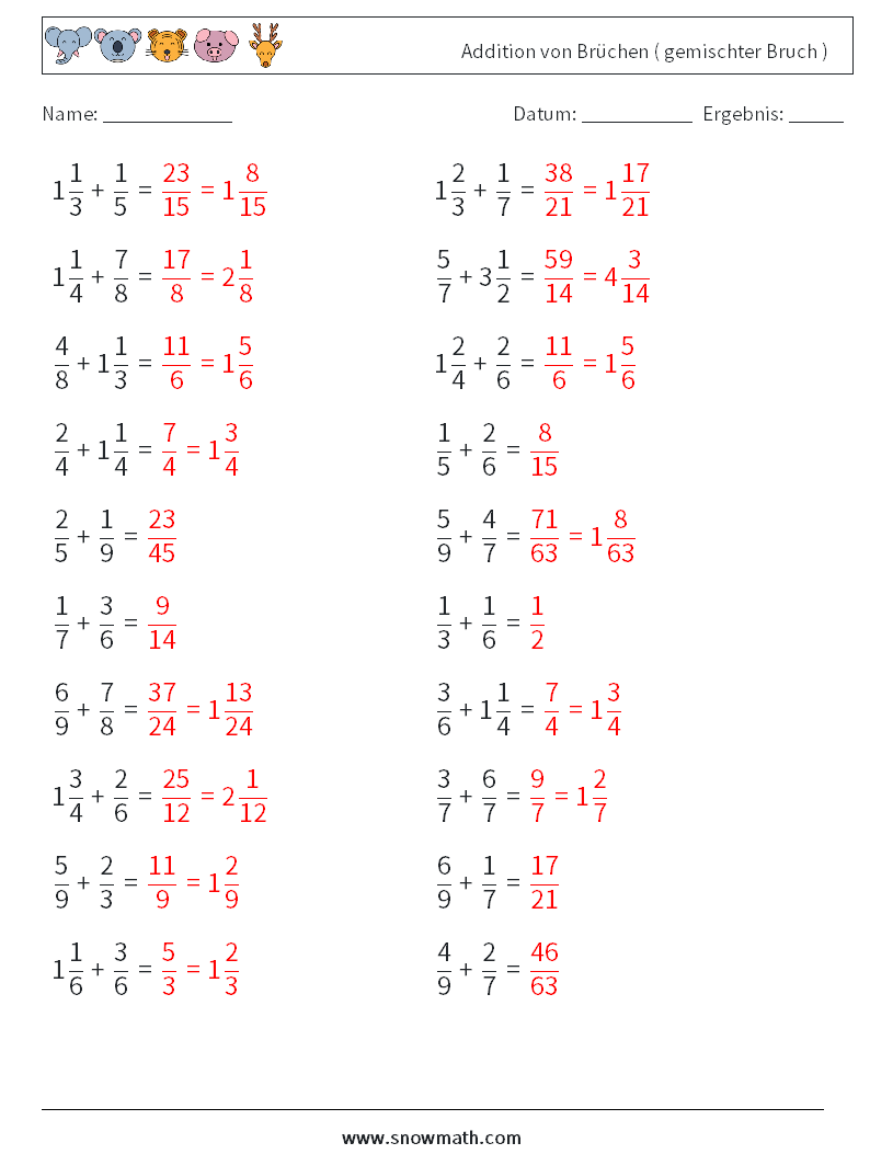 (20) Addition von Brüchen ( gemischter Bruch ) Mathe-Arbeitsblätter 18 Frage, Antwort