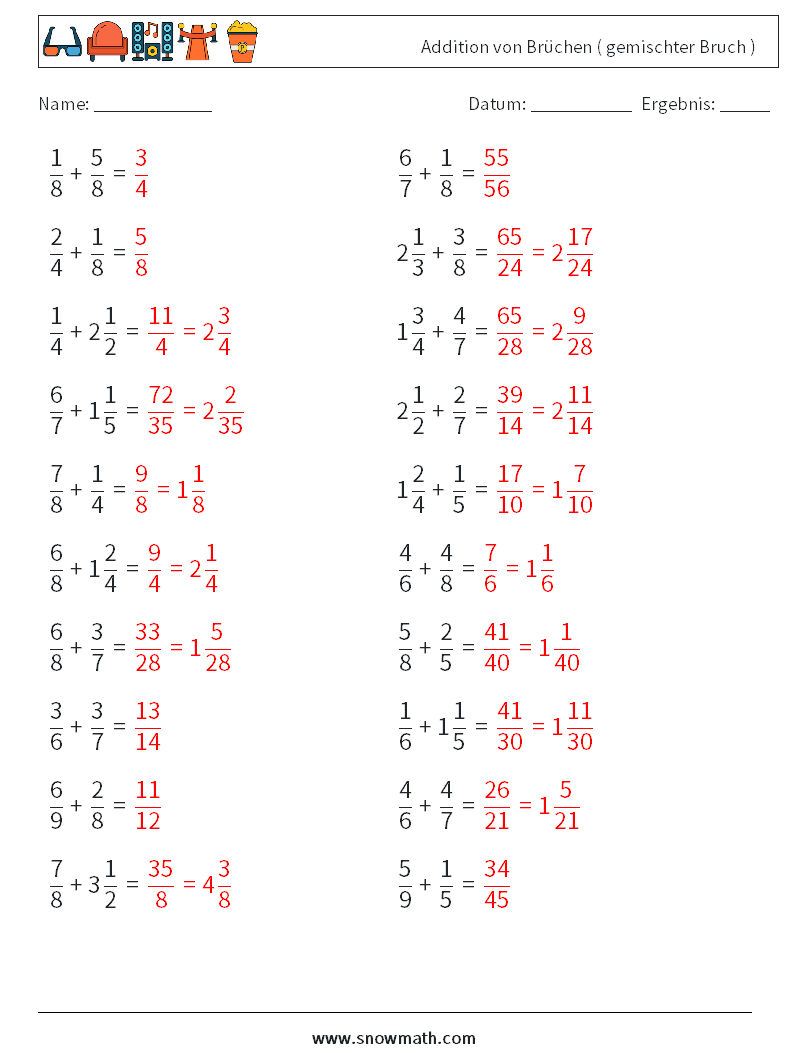 (20) Addition von Brüchen ( gemischter Bruch ) Mathe-Arbeitsblätter 1 Frage, Antwort