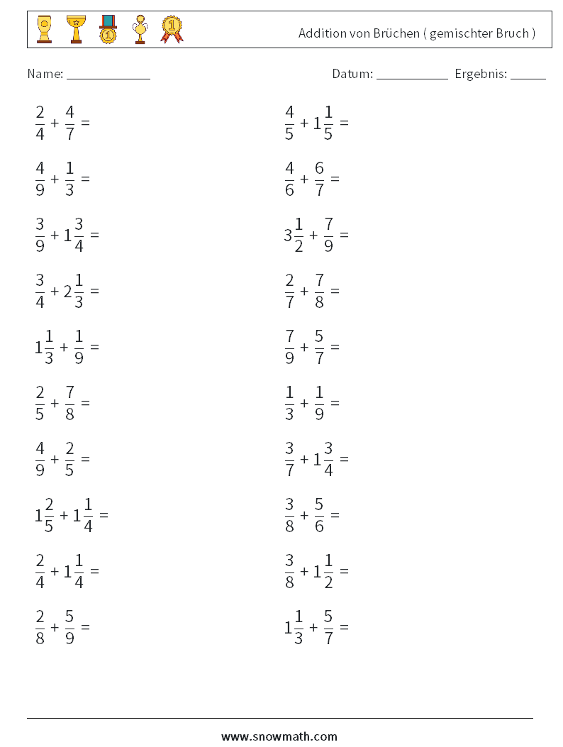 (20) Addition von Brüchen ( gemischter Bruch ) Mathe-Arbeitsblätter 2