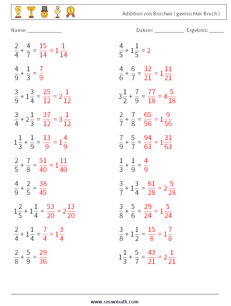 (20) Addition von Brüchen ( gemischter Bruch ) Mathe-Arbeitsblätter 2 Frage, Antwort