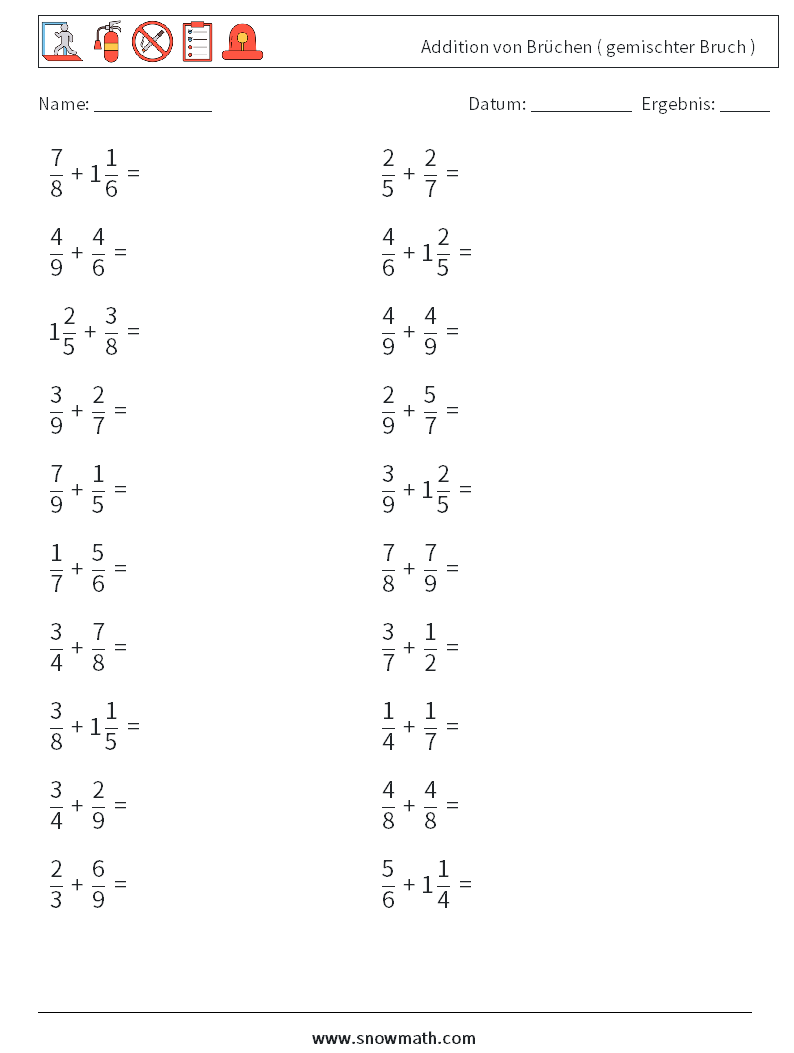 (20) Addition von Brüchen ( gemischter Bruch ) Mathe-Arbeitsblätter 3