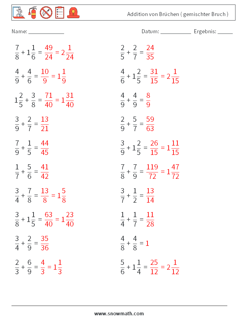 (20) Addition von Brüchen ( gemischter Bruch ) Mathe-Arbeitsblätter 3 Frage, Antwort