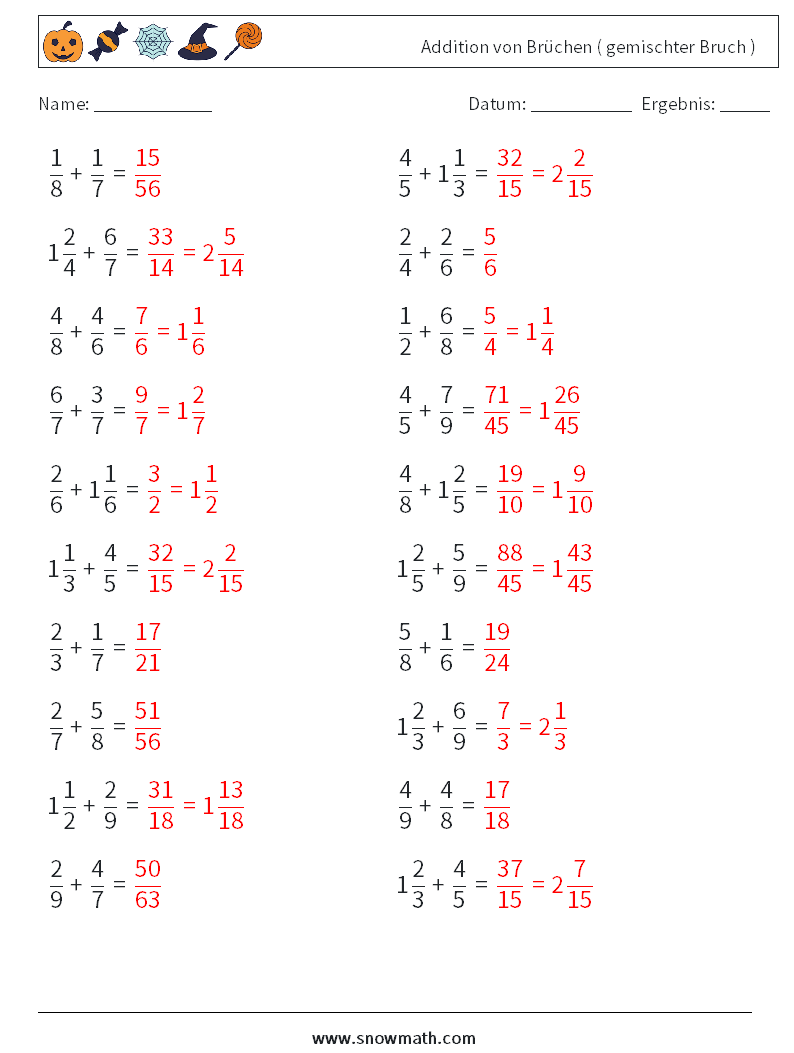 (20) Addition von Brüchen ( gemischter Bruch ) Mathe-Arbeitsblätter 4 Frage, Antwort