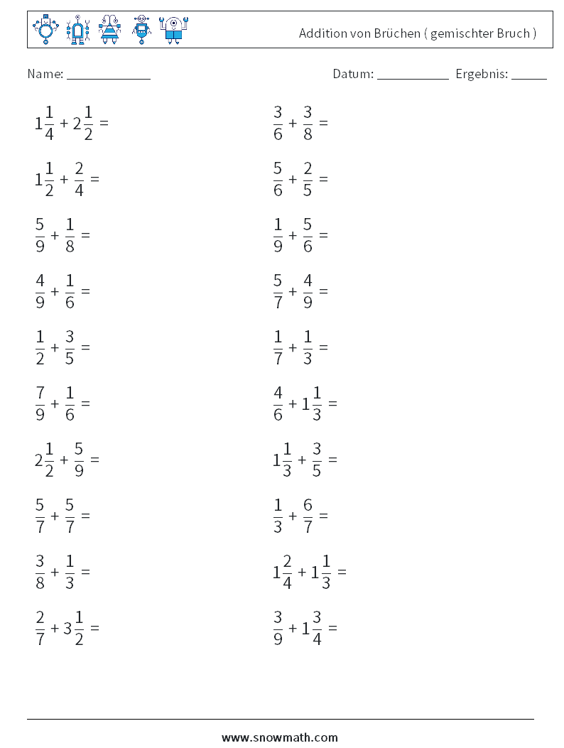 (20) Addition von Brüchen ( gemischter Bruch ) Mathe-Arbeitsblätter 5