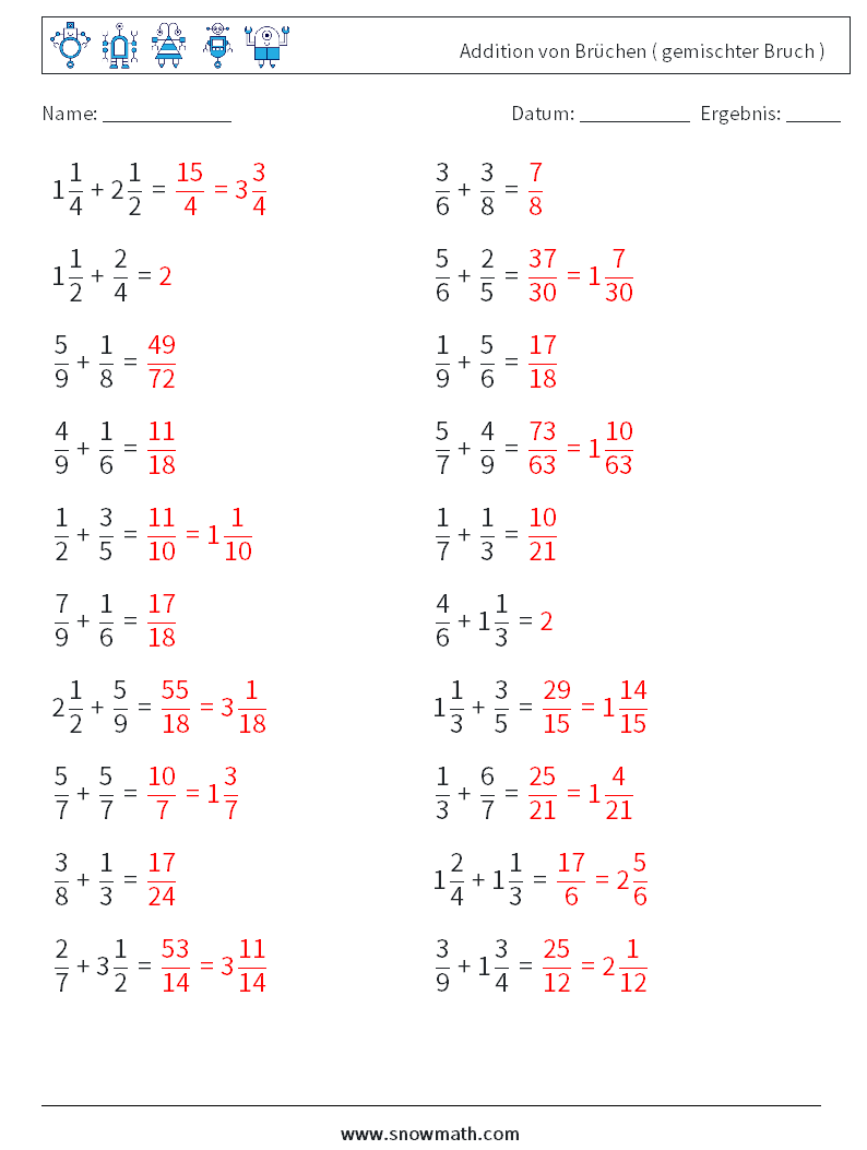 (20) Addition von Brüchen ( gemischter Bruch ) Mathe-Arbeitsblätter 5 Frage, Antwort