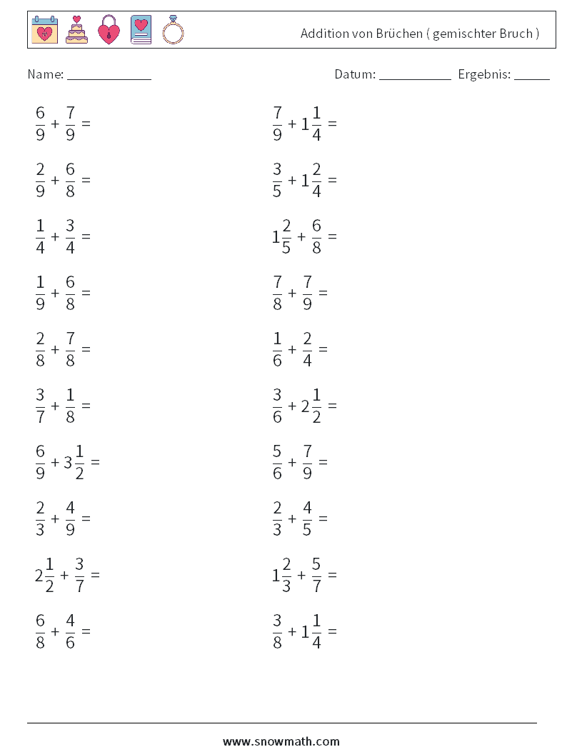 (20) Addition von Brüchen ( gemischter Bruch ) Mathe-Arbeitsblätter 6