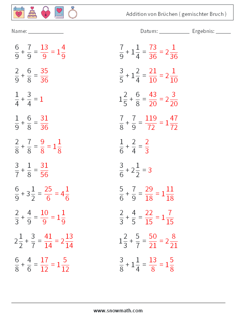 (20) Addition von Brüchen ( gemischter Bruch ) Mathe-Arbeitsblätter 6 Frage, Antwort