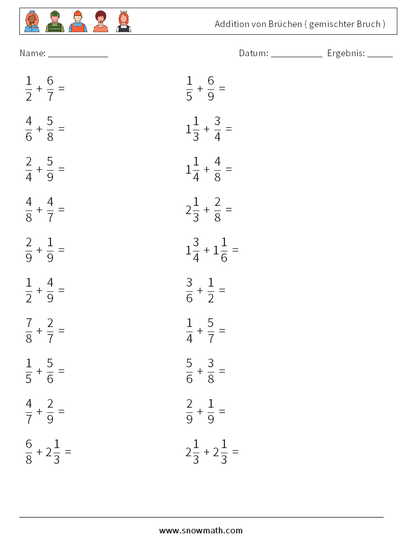 (20) Addition von Brüchen ( gemischter Bruch ) Mathe-Arbeitsblätter 7