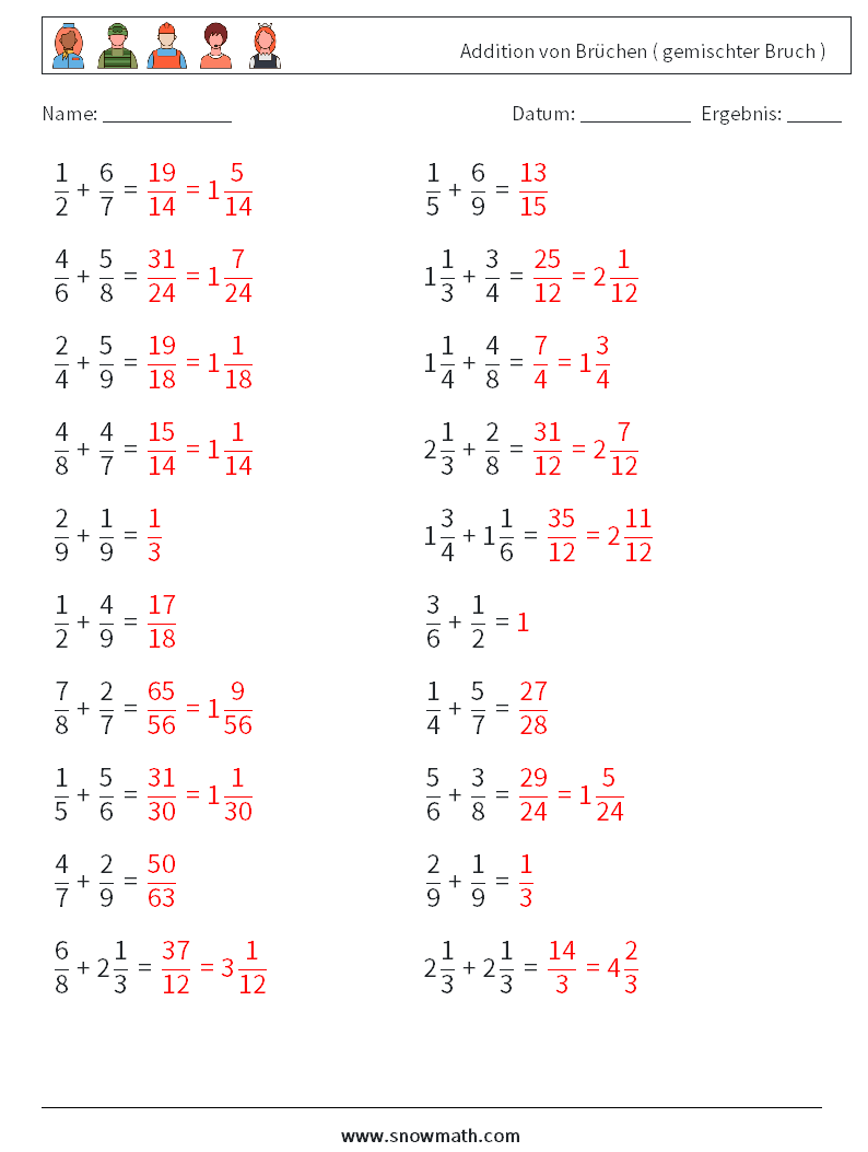 (20) Addition von Brüchen ( gemischter Bruch ) Mathe-Arbeitsblätter 7 Frage, Antwort