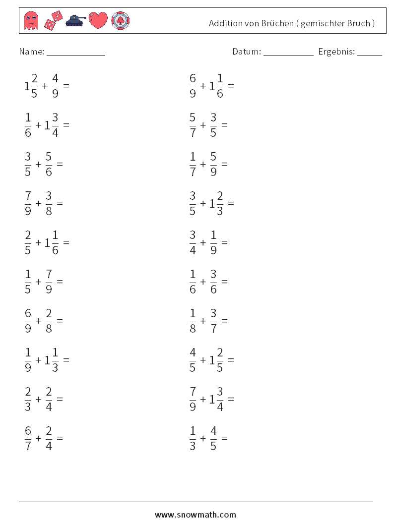 (20) Addition von Brüchen ( gemischter Bruch ) Mathe-Arbeitsblätter 8