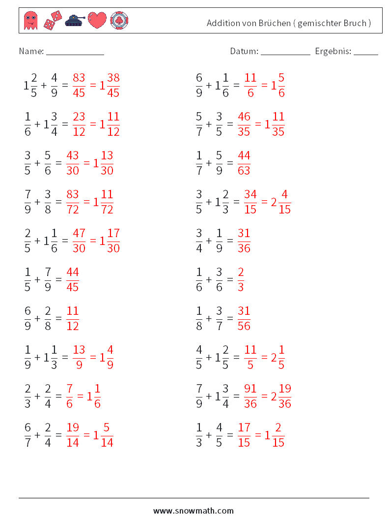 (20) Addition von Brüchen ( gemischter Bruch ) Mathe-Arbeitsblätter 8 Frage, Antwort
