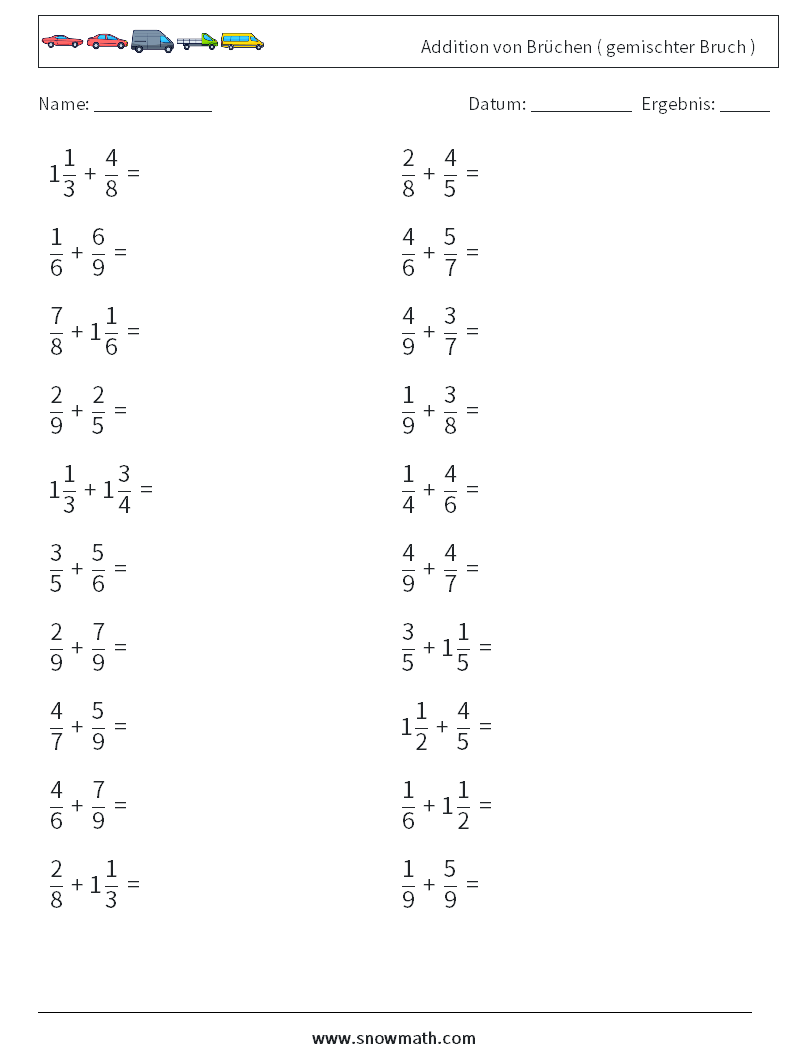(20) Addition von Brüchen ( gemischter Bruch ) Mathe-Arbeitsblätter 9
